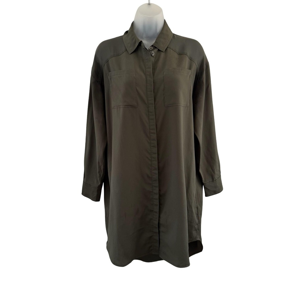 Gestuz Tunic Shirt Womens 34 US 2 Green Sheer Panel Button Utility Army Pockets - Picture 2 of 16